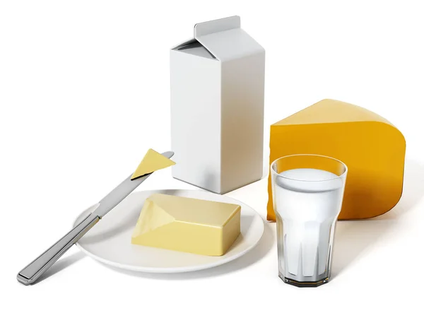 Молоко, сир і масло ізольовані на білому тлі — стокове фото