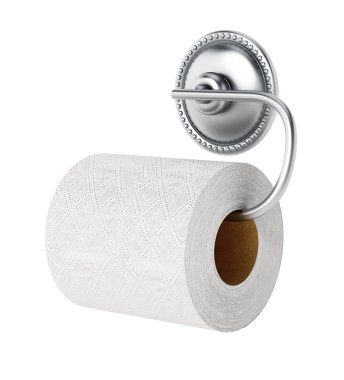 Tuvalet kağıdı ve beyaz arka plan üzerinde izole krom askı. 3D çizim