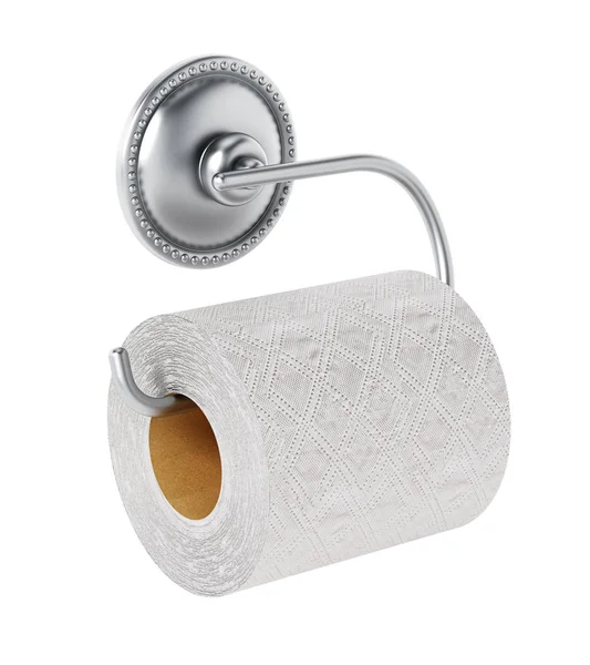 Χαρτί τουαλέτας και κρεμάστρα χρωμίου που απομονώνονται σε λευκό φόντο. 3D απεικόνιση — Φωτογραφία Αρχείου