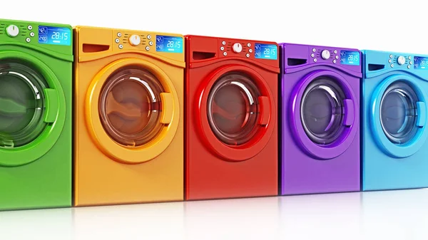 Multi colored washing machines isolated on white background. 3D illustration — Stock Photo, Image