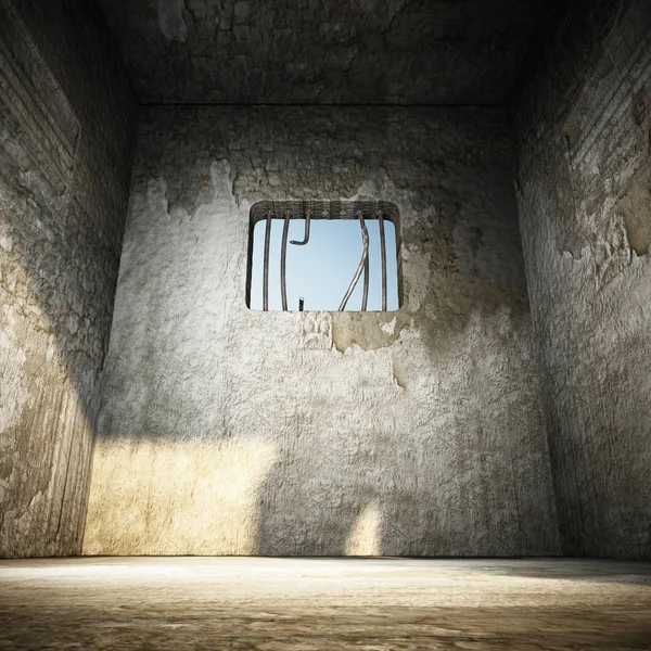 Fängelsecell med trasiga fängelsegaller på fönstret. 3D illustration — Stockfoto