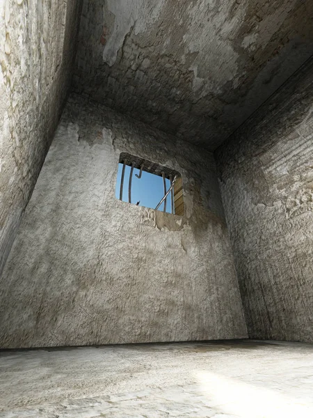 Kırık prison barlar penceresinde Hapishane hücresine. 3D çizim — Stok fotoğraf