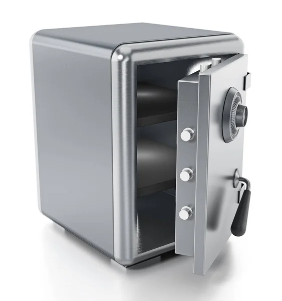 Cassetta di sicurezza in acciaio con porta aperta isolata su fondo bianco. Illustrazione 3D — Foto Stock