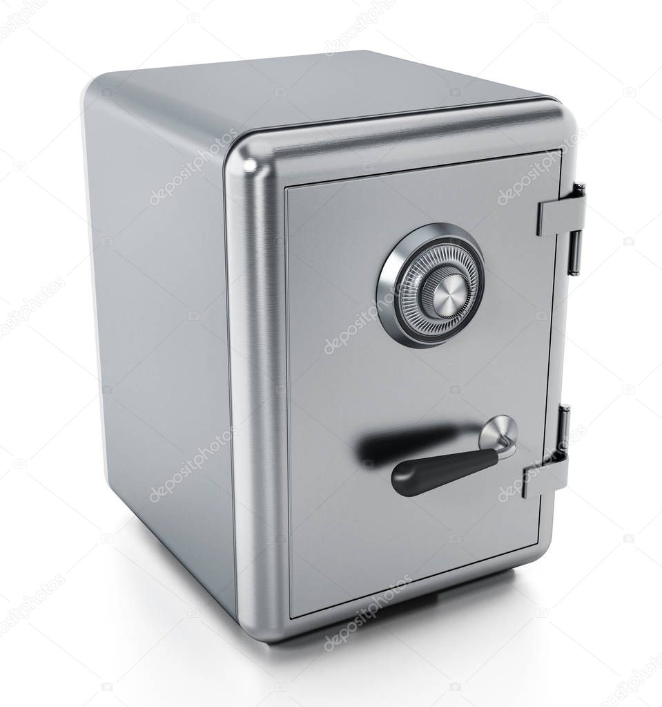 Steel safe with closed door isolated on white background. 3D illustration