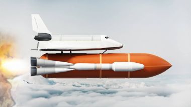 Uzay mekiği bulutların üzerinde hareket roket üzerinde. 3D çizim