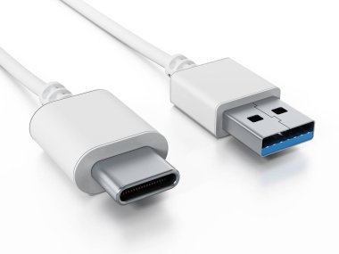 Beyaz arka plan üzerinde izole Usb tip C ve Usb 3.0 kabloları. 3D çizim