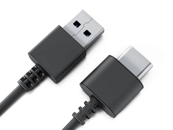 Cavi USB di tipo C e USB 3.0 isolati su sfondo bianco. Illustrazione 3D — Foto Stock