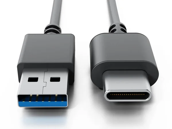 Cables USB tipo C y USB 3.0 aislados sobre fondo blanco. Ilustración 3D —  Fotos de Stock