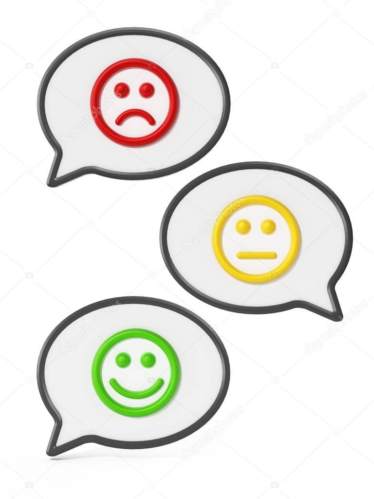 Green, yellow and red faces showing satisfaction levels. 3D illustration