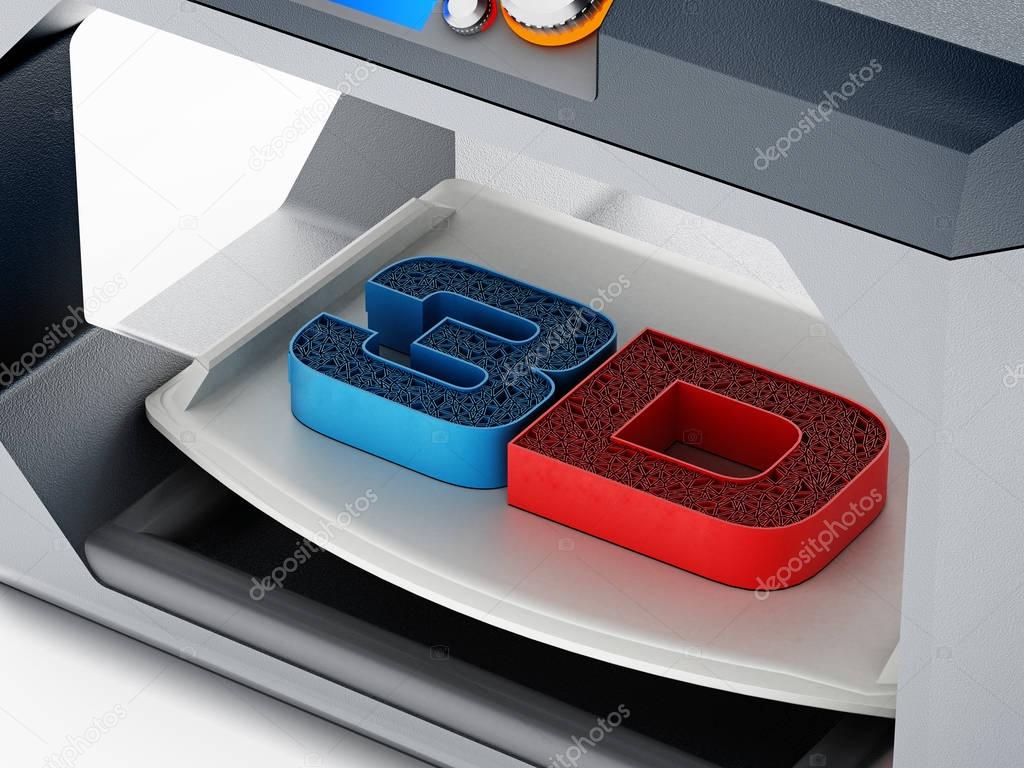 Printed 3D text on 3D printer printing surface . 3D illustration