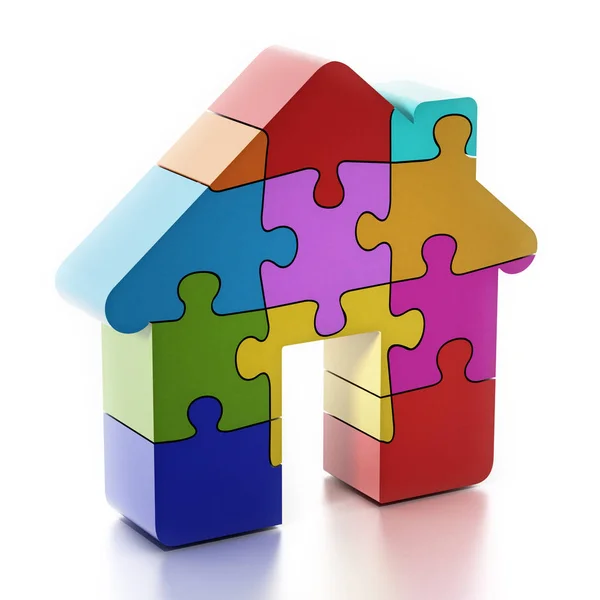 Multi colored puzzle pieces forming a house. 3D illustration — Stock Photo, Image