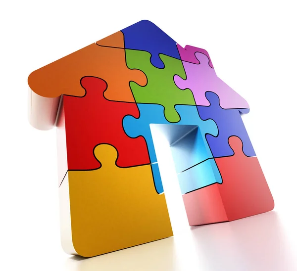 Multi colored puzzle pieces forming a house. 3D illustration — Stock Photo, Image