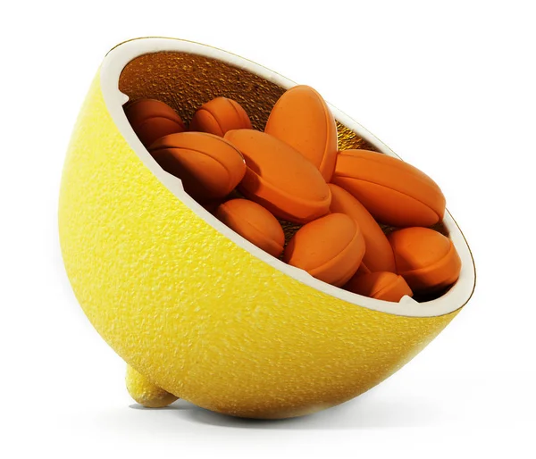 C-vitamin piller inuti halv citron isolerad på vit bakgrund. 3D illustration — Stockfoto