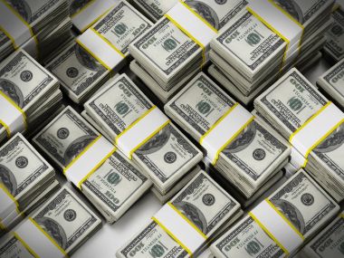 100 Doları çok arka plan yığını. 3D çizim