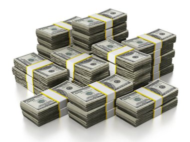 100 Doları çok izole üzerinde beyaz arka plan yığını. 3D çizim