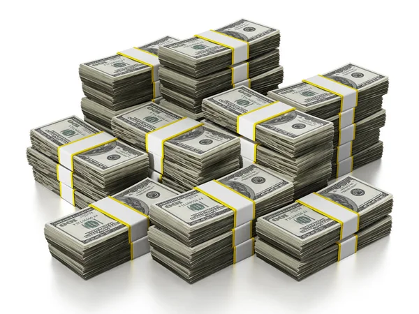 100 Dólar lotes pilha isolada no fundo branco. Ilustração 3D — Fotografia de Stock