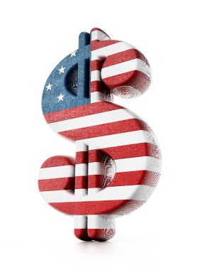 Dolar işareti Amerikan bayrağı doku ile eşleştirilmiş. 3D çizim