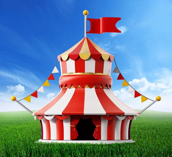 Tenda circo in piedi su campo verde contro cielo blu. Illustrazione 3D — Foto Stock