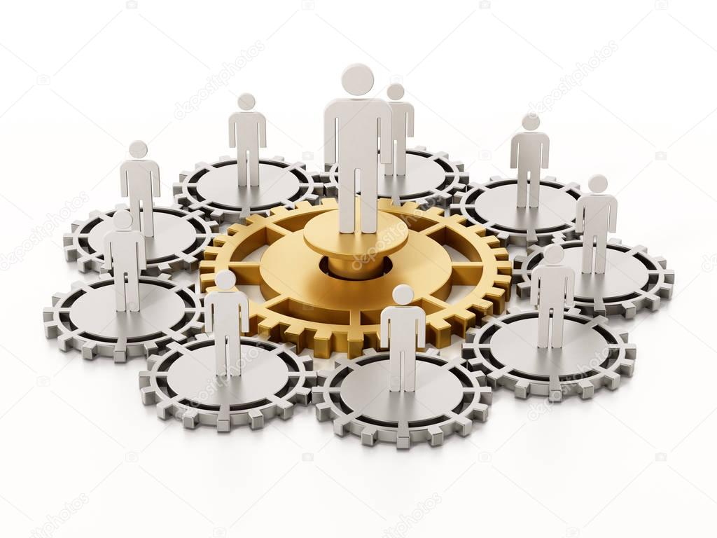 People standing on connected gears. 3D illustration