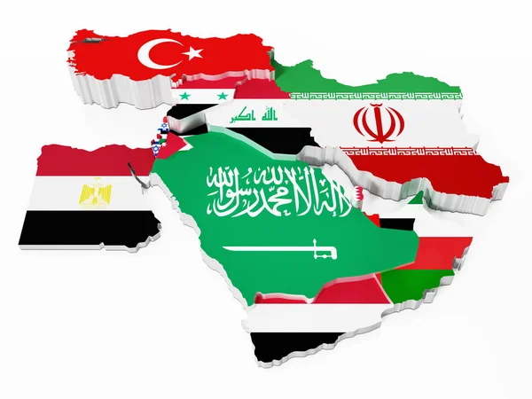 Χώρες της Μέσης Ανατολής που καλύπτεται με σημαίες χωρών. 3D απεικόνιση — Φωτογραφία Αρχείου