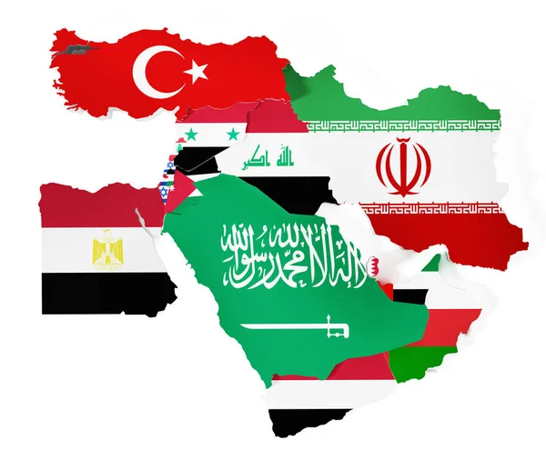 Страны Ближнего Востока, покрытые флагами стран. 3D иллюстрация — стоковое фото