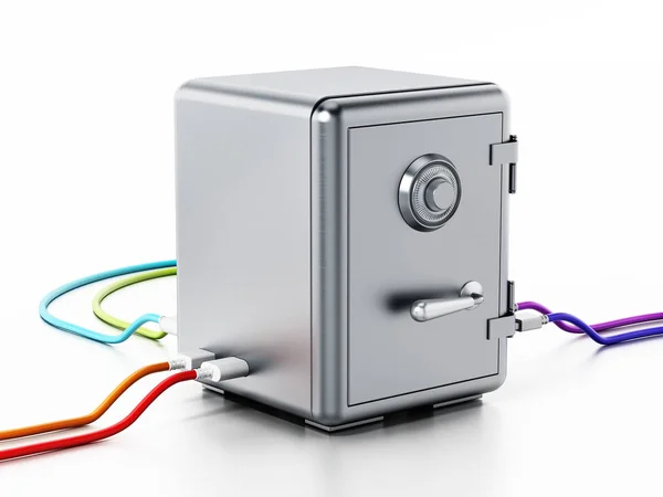USB kabely připojeny k oceli bezpečné. 3D obrázek — Stock fotografie