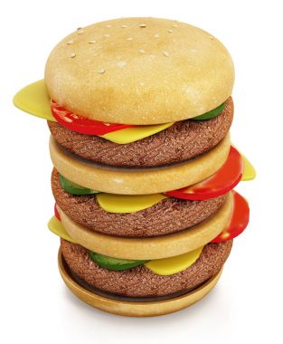 Tek, çift ve üçlü boy hamburger üst üste. 3D çizim