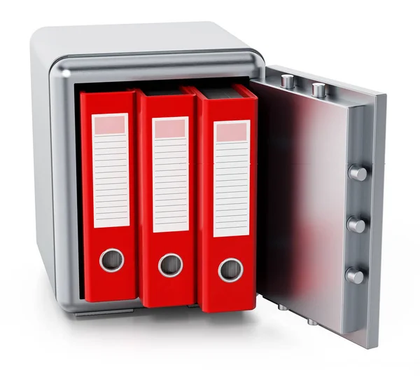 Red folders inside steel safe isolated on white background. 3D illustration — Stock Photo, Image