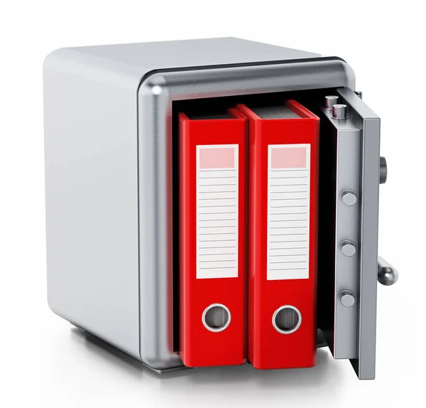 Dossiers rouges à l'intérieur en acier coffre-fort isolé sur fond blanc. Illustration 3D — Photo