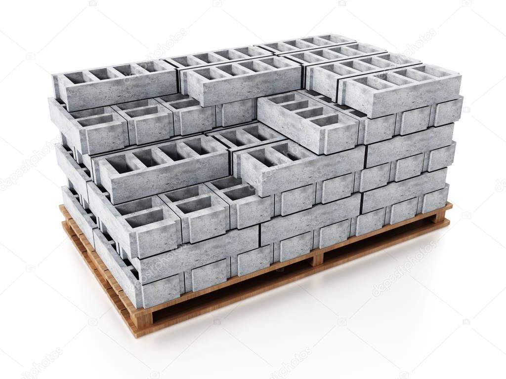 Stack of gray construction bricks standing on wooden base. 3D illustration