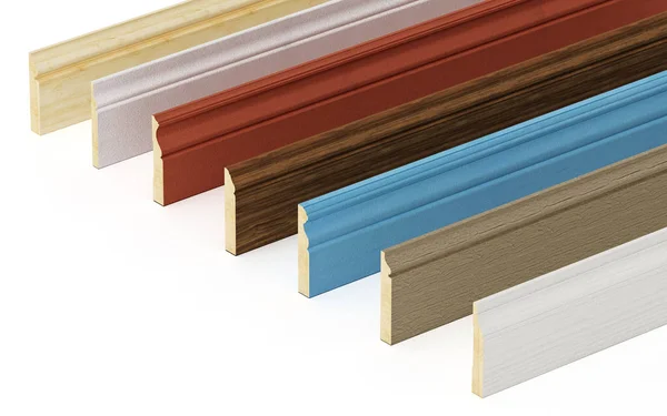 Baseboard con vari profili isolati su sfondo bianco. Illustrazione 3D — Foto Stock