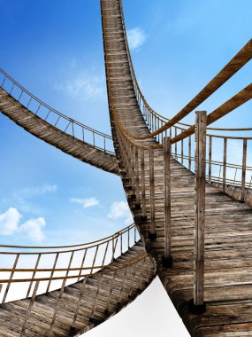 Eski ahşap köprüler mavi gökyüzü karşı askıya aldı. 3D çizim