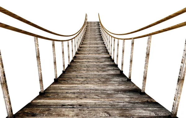 Stare drewniane zawieszone most na białym tle. ilustracja 3D — Zdjęcie stockowe