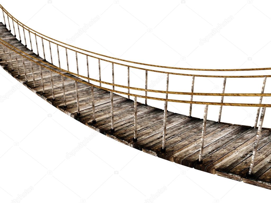 Old wooden suspended bridge isolated on white background. 3D illustration