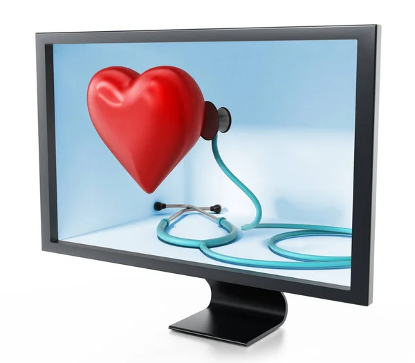 Estetoscopio y corazón rojo dentro de la pantalla. Ilustración 3D — Foto de Stock