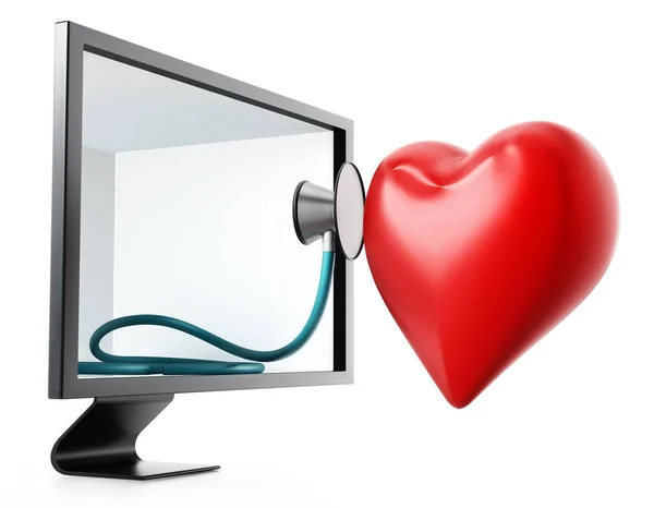 Стетоскоп і червоне серце всередині екрана. 3D ілюстрація — стокове фото