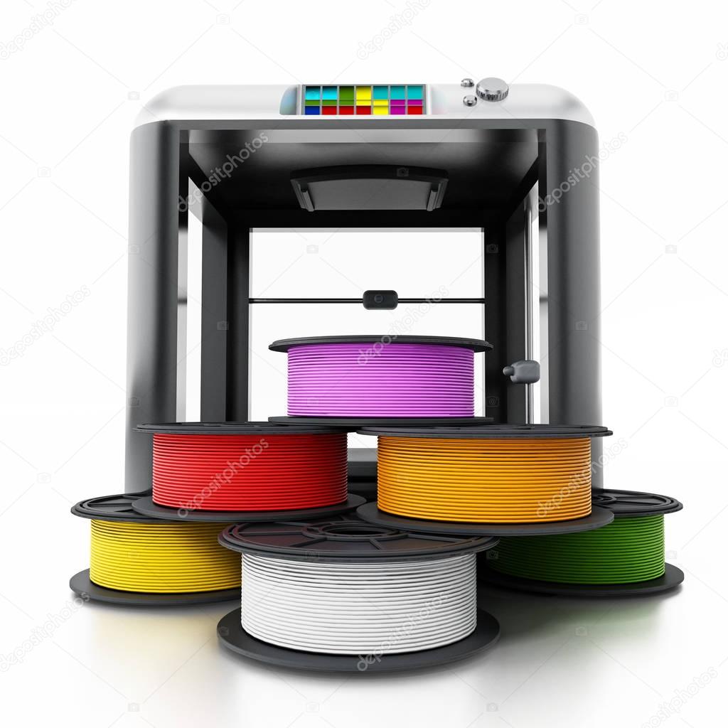 3D printer and spare filaments. 3D illustration