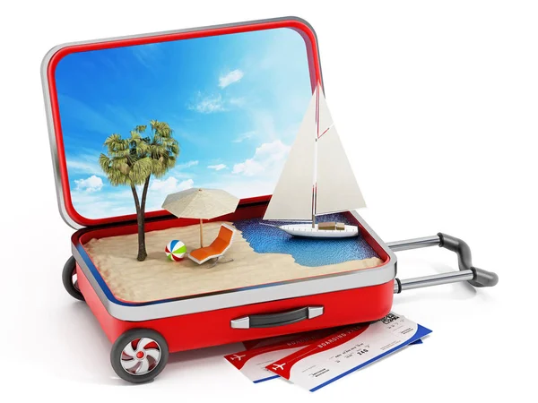 Isla de vacaciones dentro de la maleta de viaje medio abierta. Ilustración 3D — Foto de Stock