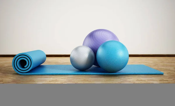 Pilates mat and exercise balls standing on parquet floor. 3D illustration — Stock Photo, Image