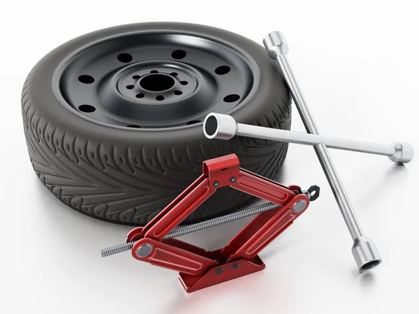 Запасные шины, разъем и колесный ключ изолированы на белом фоне. 3D иллюстрация — стоковое фото