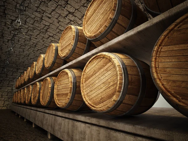 Stocked wine barrels across two sides of corridorof a wine cellar — Stock Photo, Image