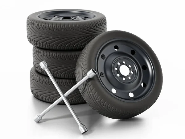 Pneus de reposição para carro e chave de porca de roda.ilustração 3D — Fotografia de Stock