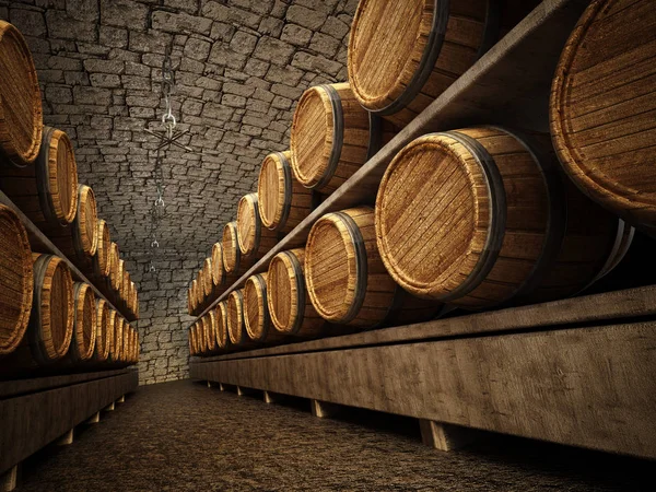 Stocked wine barrels across two sides of corridorof a wine cellar — Stock Photo, Image