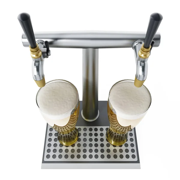 Due bicchieri di birra sotto i rubinetti delle bevande alcoliche. Illustrazione 3D — Foto Stock