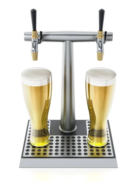 Due bicchieri di birra sotto i rubinetti delle bevande alcoliche. Illustrazione 3D — Foto Stock