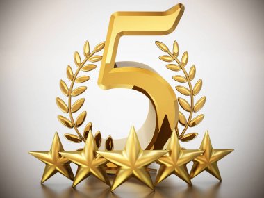 Sayı 5, yıldız ve beyaz arka plan üzerinde izole defne. 3D çizim