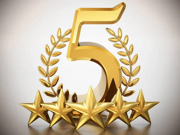 Sayı 5, yıldız ve beyaz arka plan üzerinde izole defne. 3D çizim