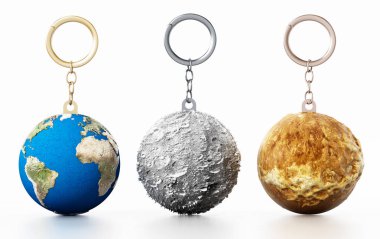 3D dünya, ay ve Mars anahtarlığa bağlı. 3D çizim
