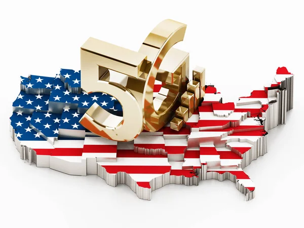 5g woord staande op de kaart van de V.s. bedekt met Amerikaanse vlag. 3D illustratie — Stockfoto