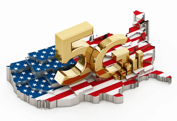 Palabra 5G de pie en el mapa de EE.UU. cubierta con bandera estadounidense. Ilustración 3D —  Fotos de Stock